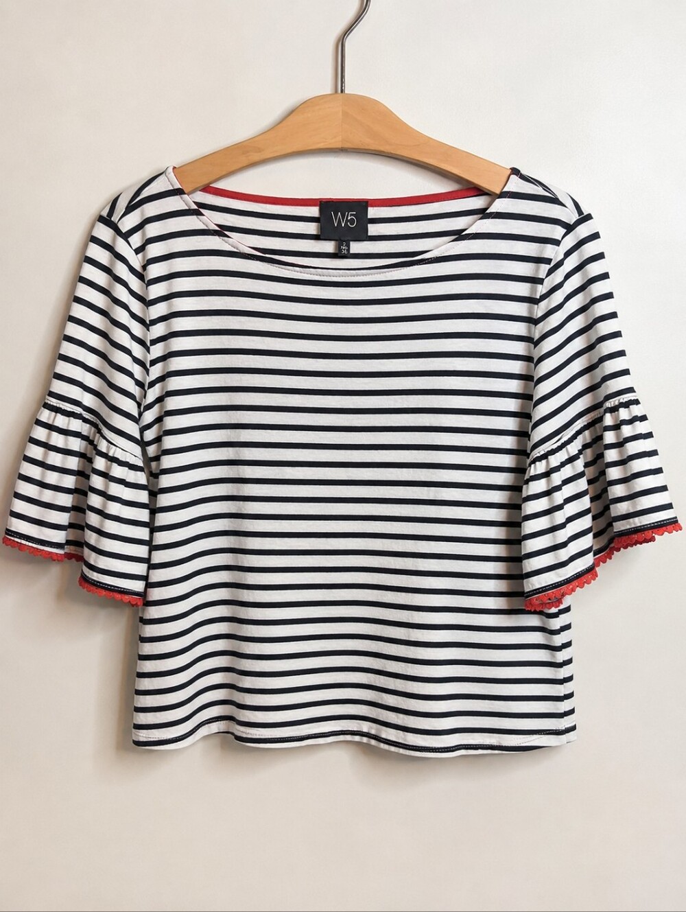 Anthropologie W5 Striped Bell Sleeve Top Pom Pom Trim Size S